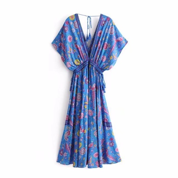 blue floral print boho v neck tassel maxi Dress - Picture 2 of 6